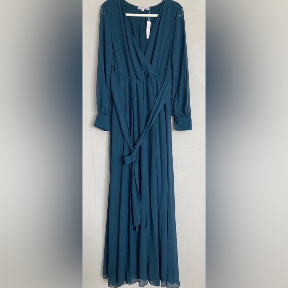 NEW Baltic Born Lydia Teal Blue Maxi Dress Long Sleeve Sheer Wrap Size LARGE